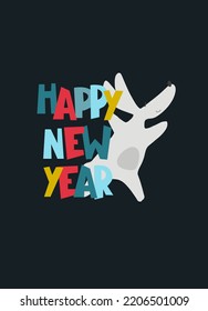 Happy New Year greeting card with Water Rabbit, zodiac animal for 2023. Funny Chinese horoscope rabbit and hand-lettered greeting phrase