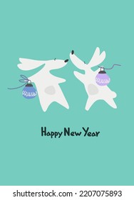 Happy New Year greeting card with Water Rabbit, zodiac animal for 2023. Funny Chinese horoscope rabbit and hand-lettered greeting phrase