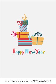 Happy New Year greeting card design with holiday presents. Gift packages hand drawn vector illustration, hand lettering