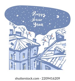 Happy New Year greeting card. View of the night city. Roofs in the snow. Magical night.