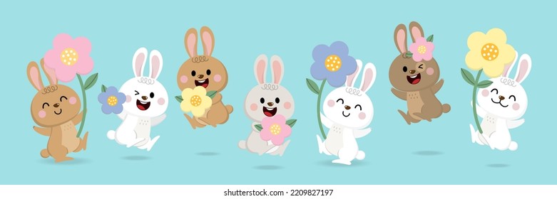 Happy new year greeting card 2023 with cute rabbit and flower. Animal holidays cartoon character. -Vector