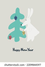 Happy New Year greeting card with Water Rabbit, zodiac animal for 2023. Funny Chinese horoscope rabbit and hand-lettered greeting phrase