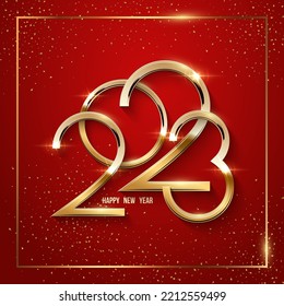 Happy new year greeting card vector template. Festive christmas social media banner design with congratulations. Golden 2023 number in frame with confetti realistic illustration.
