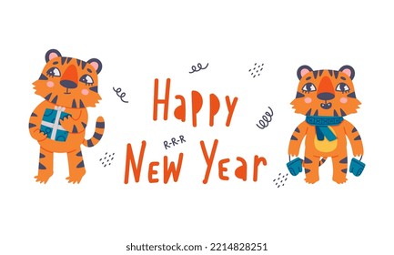 Happy New Year greeting card with cute tiger baby animal cartoon vector illustration