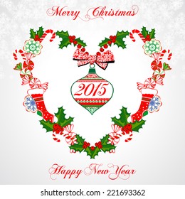 Happy New Year Greeting Card with Christmas.heart with Christmas ball, Vector illustration.