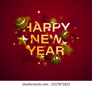 Happy New Year greeting card with shiny realistic balls flying vector design, background with winter holiday elements, joyful and festive celebration party invitation.
