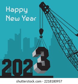 Happy New Year greeting card - crane at work, vector illustration