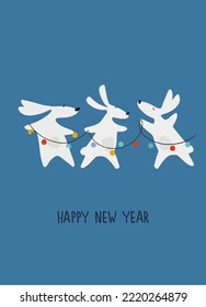 Happy New Year greeting card with Water Rabbit, zodiac animal for 2023. Funny Chinese horoscope rabbit and hand-lettered greeting phrase