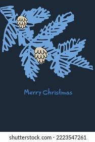 Happy New Year greeting card template. Minimalistic design with hand lettering, snowflakes, fir tree branch, lantern on blue background