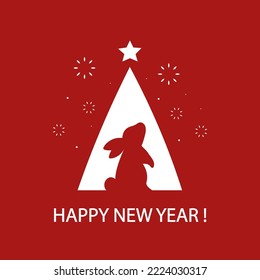 Happy New year! Greeting card with bunny silhouette and christmas tree. Modern minimalist style. Vector flat illustration.