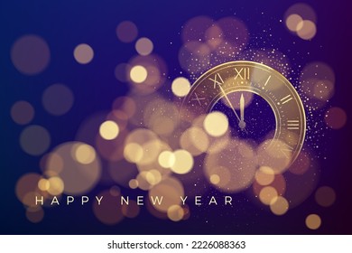 Happy New Year Greeting Card. Countdown to New Year on clock. Lights, sparkles and effect bokeh. Vector illustration