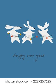 Happy New Year greeting card with Water Rabbit, zodiac animal for 2023. Funny Chinese horoscope rabbit and hand-lettered greeting phrase