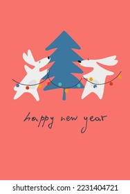 Happy New Year greeting card with Water Rabbit, zodiac animal for 2023. Funny Chinese horoscope rabbit and hand-lettered greeting phrase