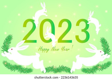 Happy New Year greeting card on green background. The symbol of the Chinese zodiac is the Rabbit. Set for branding covers, postcard, poster, banner.