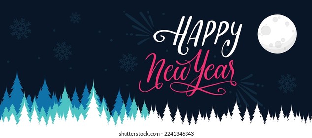 happy new year greeting card design ,snowflakes, fireworks, x mas trees and moon. Happy new year banner winter landscape background eps 10