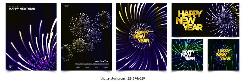 Happy New Year Greeting Card Design Posters, cards, and banner Set. Colorful firework explosions with gold Happy new Year Text Lettering. Editable Vector Illustration. EPS 10.
