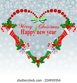 Happy New Year Greeting Card. Christmas.heart with ribbon, Colorful design. Vector illustration. 