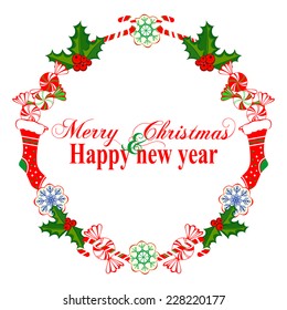 Happy New Year Greeting Card. Christmas wreath with candy, Colorful design. Vector illustration. 