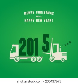 Happy New Year greeting card - fork lift truck at work, vector illustration