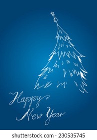 Happy New Year - greeting card, drawn Christmas tree