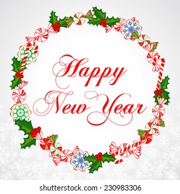 Happy New Year Greeting Card. Christmas wreath with holiday symbols , Colorful design. Vector illustration. 