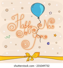 Happy New Year greeting card design with stylish text, balloon and ribbon on star decorated background.