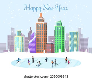 Happy new year greeting card. Urban winter landscape with people skating together at city ice rink, modern skyscrapers. Family holiday, walk in cold season children with parents ice skating