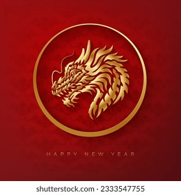 Happy New Year greeting card with golden dragon head made of ornamental pattern elements on a red background. Dragon symbol of the new year 2024