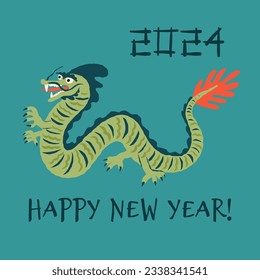 Happy New Year greeting card with the symbol of the upcoming year, the Green Wooden Dragon, and hand lettering 2024. Vector celebration, spring festival banner design.