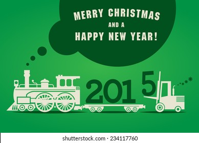 Happy New Year greeting card - fork lift truck at work, vector illustration