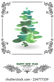 Happy New Year Greeting Card with Christmas Tree