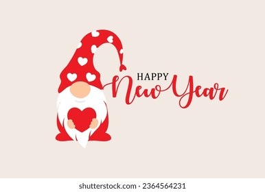 Happy New Year greeting card with a garden gnome in red hat with heart. Christmas gnome for new year's card in a minimalistic style. Vector illustration.