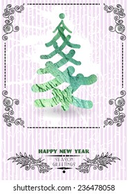 Happy New Year Greeting Card with Christmas Tree against retro violet grunge background