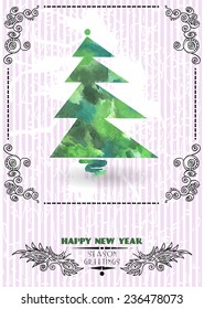 Happy New Year Greeting Card with Christmas Tree against retro violet grunge background