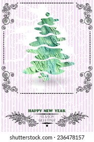 Happy New Year Greeting Card with Christmas Tree against retro violet grunge background