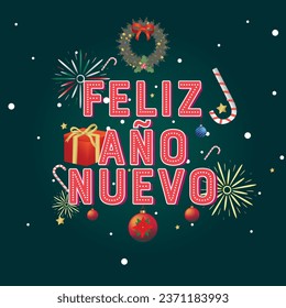 Happy New Year greeting card with Christmas decorations: Christmas wreath, star, holly, candy cane, Christmas tree, confetti and Christmas spheres.