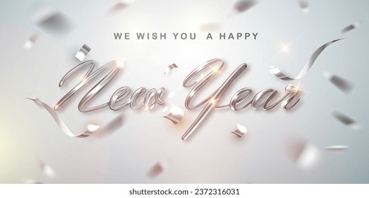 Happy New Year Greeting Card with Silver 3D lettering and Confetti on White Background. Vector Illustration. New Year Flyer or Poster Design.