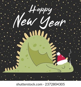 Happy New Year greeting card with cute sleeping dragon wearing Santa hat. Vector illustration in cartoon style.