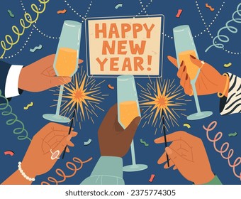 Happy New Year greeting card with human hands holding champagne glasses