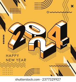 happy new year greeting card design for 2024 calligraphy. 2024 retro style banner with geometric abstract background and modern typography.  Yellow black square Vector illustration.