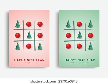 Happy New Year greeting card, Tic Tac Toe, Elegant simple style on a bright background. Vector illustration.