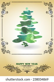 Happy New Year Greeting Card with Christmas Tree against golden background