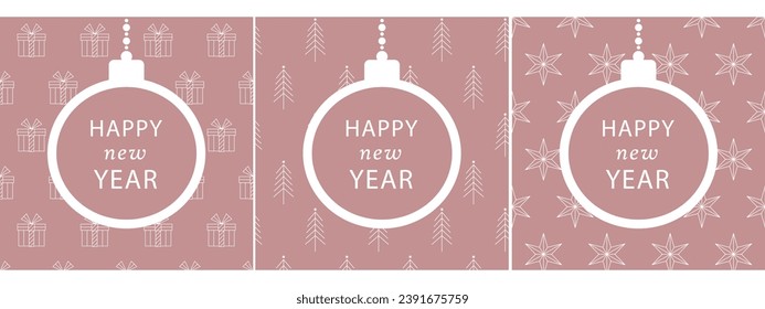 happy new year greeting card set, elegant minimalistic design, pink and white, hanging christmas bauble