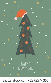 Happy New Year greeting card. Green background, falling snow and golden stars, in the middle there is a Christmas tree with toys. Santa Claus's hat hangs on the Christmas tree. Happy New Year text