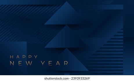 Happy New Year greeting card with Christmas tree. Modern Xmas holiday blue background with geometric decoration. Vector illustration