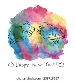 Happy New Year Greeting card with hand drawn sheeps on the colorful watercolor background.