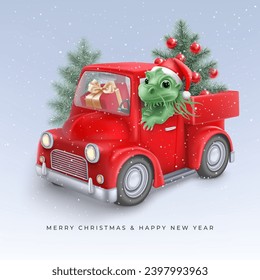 Happy New Year greeting card with cute dragon driver rides in a toy car truck with a Christmas tree and gifts on a snowy backdrop. Chinese New Year of the Dragon 2024