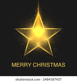Happy New Year Greeting Card with Glowing Yellow and Gold Low Poly Christmas Star. Abstract Geometric Background, Wireframe Lighting, Modern 3D Illustration.