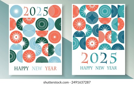 Happy New Year greeting card Set, Modern design typography invite posters, template, Layout, greeting flat design, banner. simple shape Christmas tree balls 2025