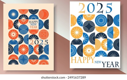 Feliz año Nuevo tarjeta de felicitación Set, tipografía de diseño moderno invitar afiches, Plantilla, diseño, diseño plano de felicitación, Anuncio. forma simple bolas de árbol de Navidad 2025